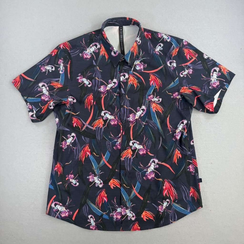 Lululemon Airing Easy Short Sleeve Shirt Men Navy 2XL Floral Performance Stretch